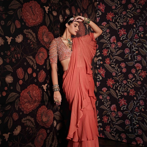 Buy Indya Dusty Pink Foil Print Ruffled Pre-stitched Saree online