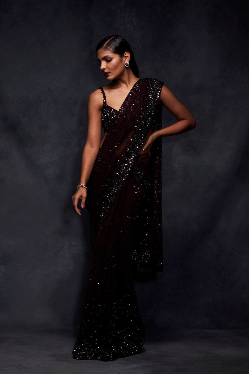 Wine Color Georgette Sequins Embroidered Saree