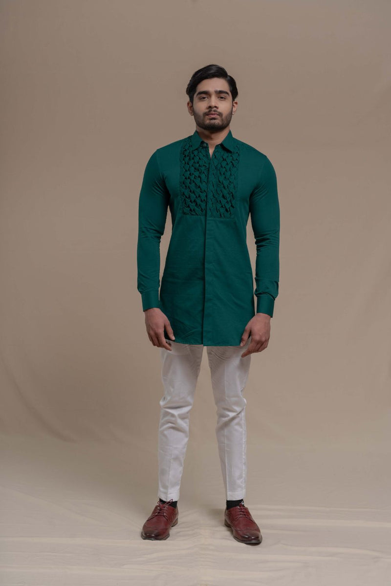 TEAL SMOCKING SHORT KURTA/TUXEDO SHIRT SET