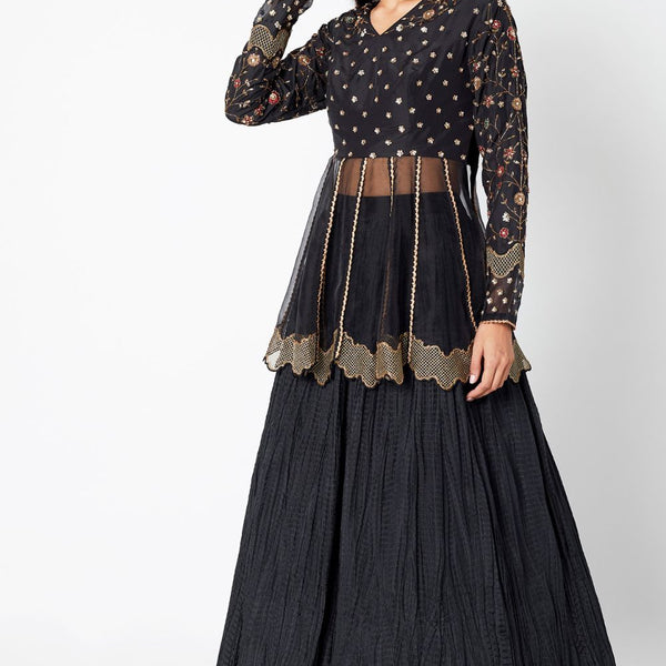 Buy Space Blue Lehenga And Peplum Top With Embroidered Geometric And  Scallop Pattern Online - Kalki Fashion