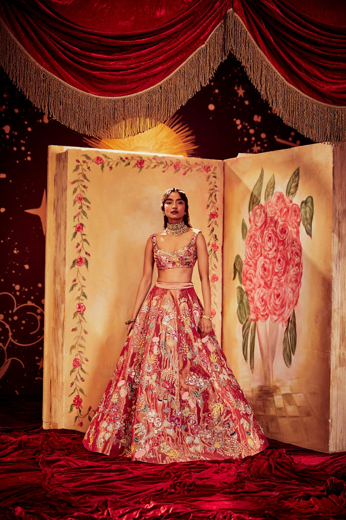 Buy Copper Paper Dolls Tissue Appliqued and Embellished Vertical Brocade  Lehenga With Dupatta by AISHA RAO at Ogaan Online Shopping Site