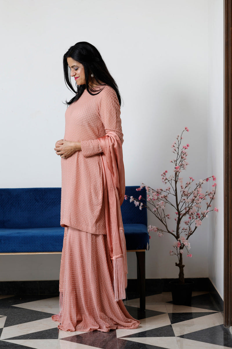 Peach Cutdana Embroiderdd Kurta With Sharara