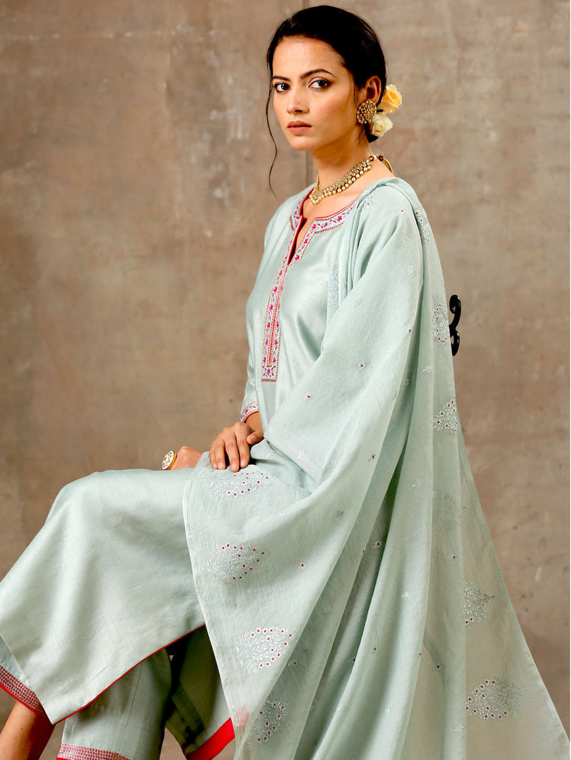 Sage Green Hand Embroidered Chanderi Silk Set