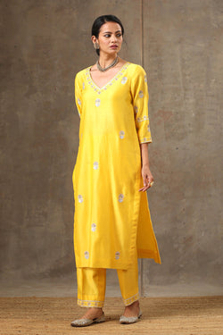 Yellow Color Hand Embroidered Chanderi Silk Kurta Set