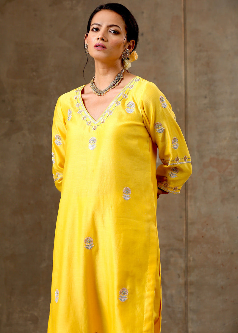 Yellow Color Hand Embroidered Chanderi Silk Kurta Set