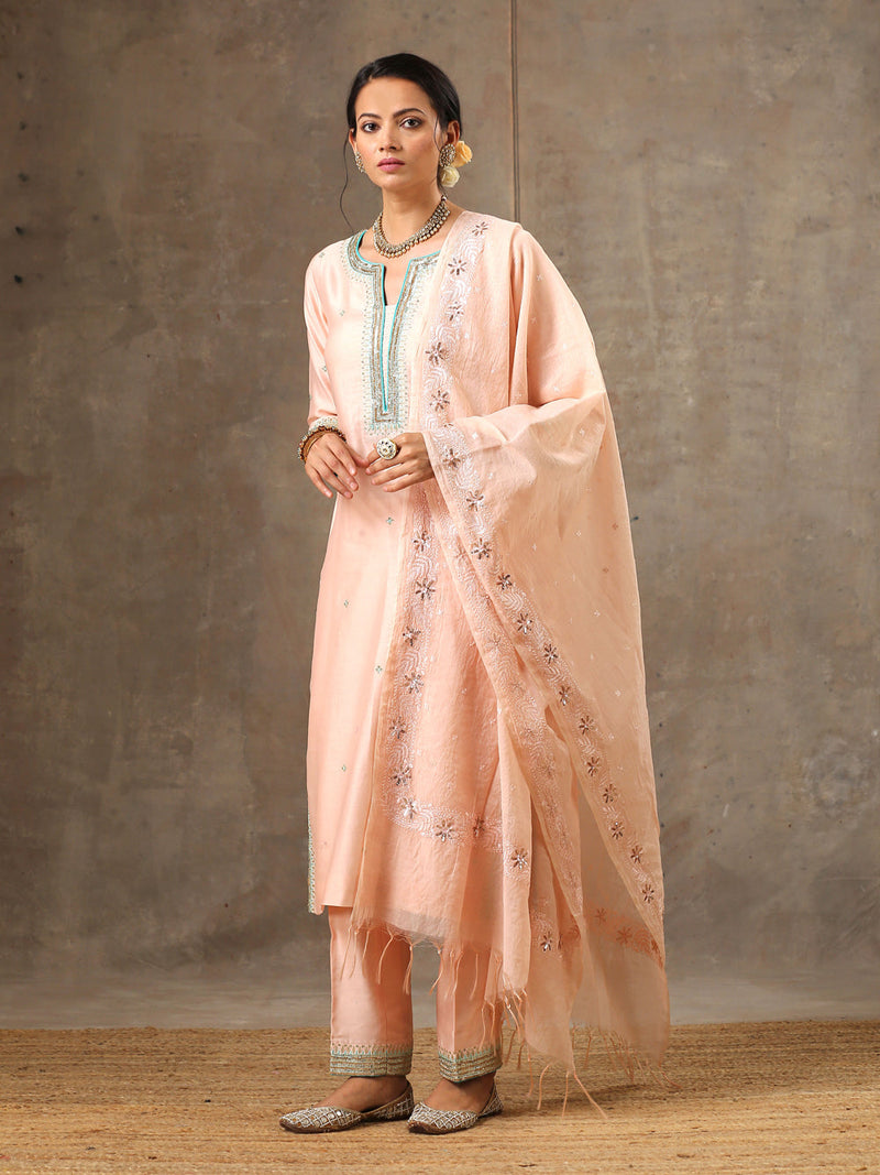 Peach Green Hand Embroidered Chanderi Silk Kurta Set