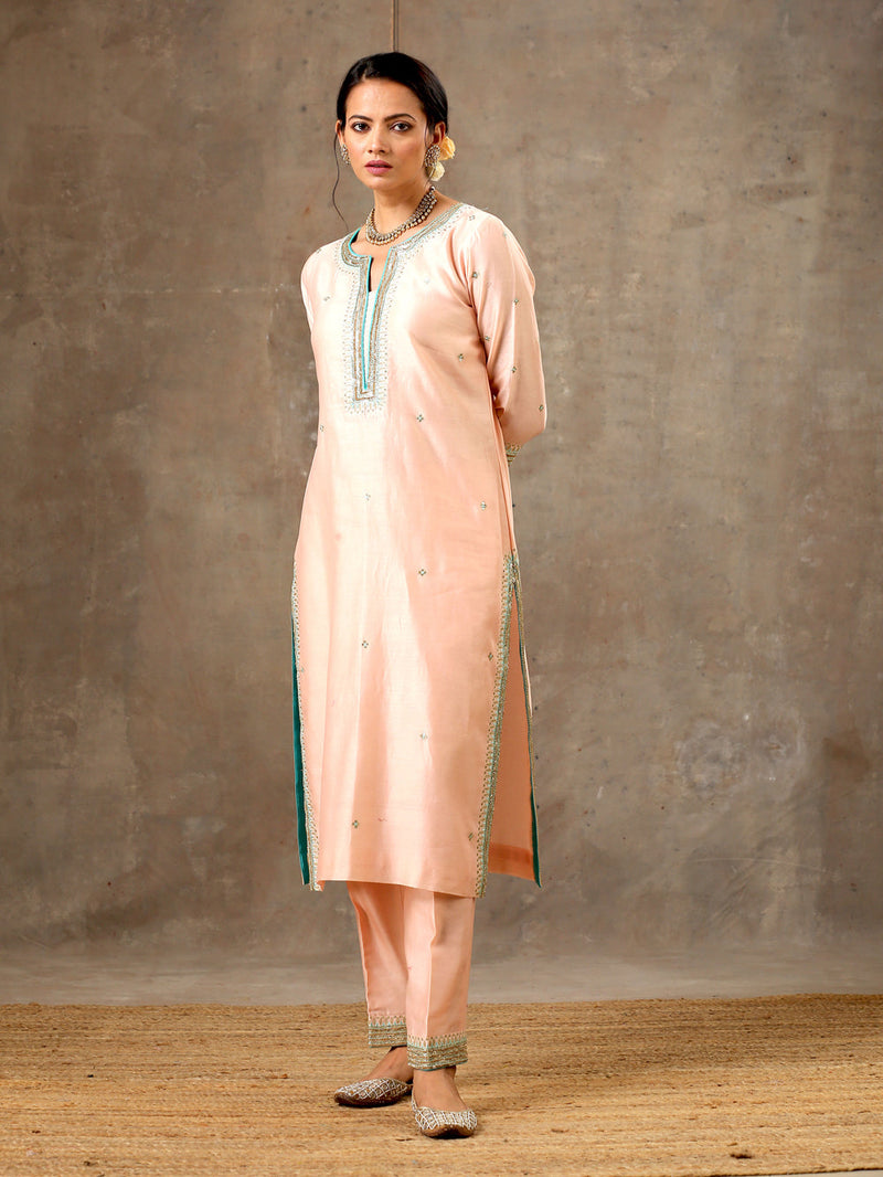 Peach Green Hand Embroidered Chanderi Silk Kurta Set