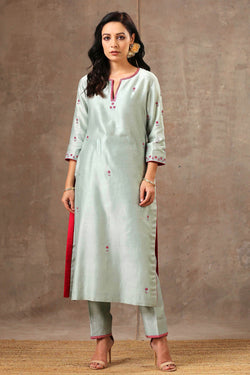 Sage Green Pink Hand Embroidered Chanderi Silk Kurta Set