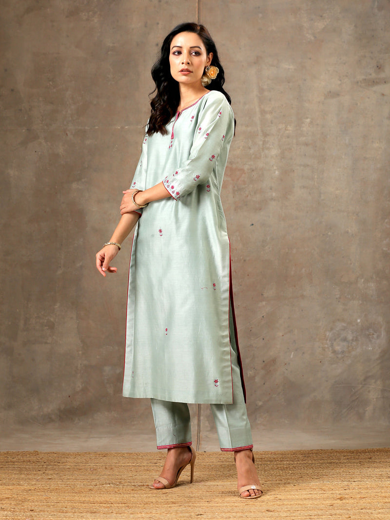 Sage Green Pink Hand Embroidered Chanderi Silk Kurta Set