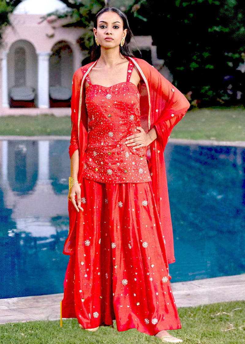 Sassy Sharara Set Handembroidered In Scarlet Red Colour