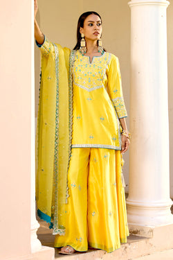 Yellow Blue Silk Zardosi Resham Naksshi Embroidered Sharara Set