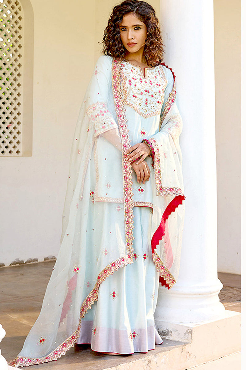 Blue Pink Silk Zardosi Resham Naksshi Embroidered Sharara Set