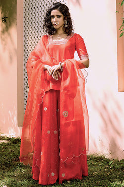 Coral Red Embroidered Sharara Set With Gota Patti And Nakkshi Work