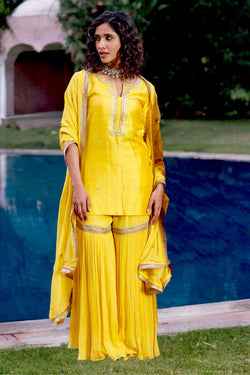 Yellow Silk Georgette Embroidered Sharara Set