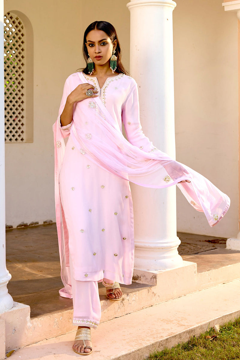 Blush Pink Georgette Kurta Set With Gota Patti