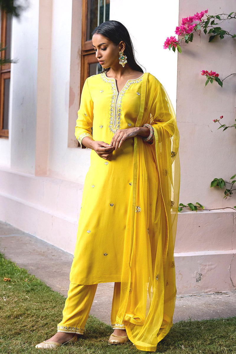 Yellow Georgette Kurta Set With Gota Patti