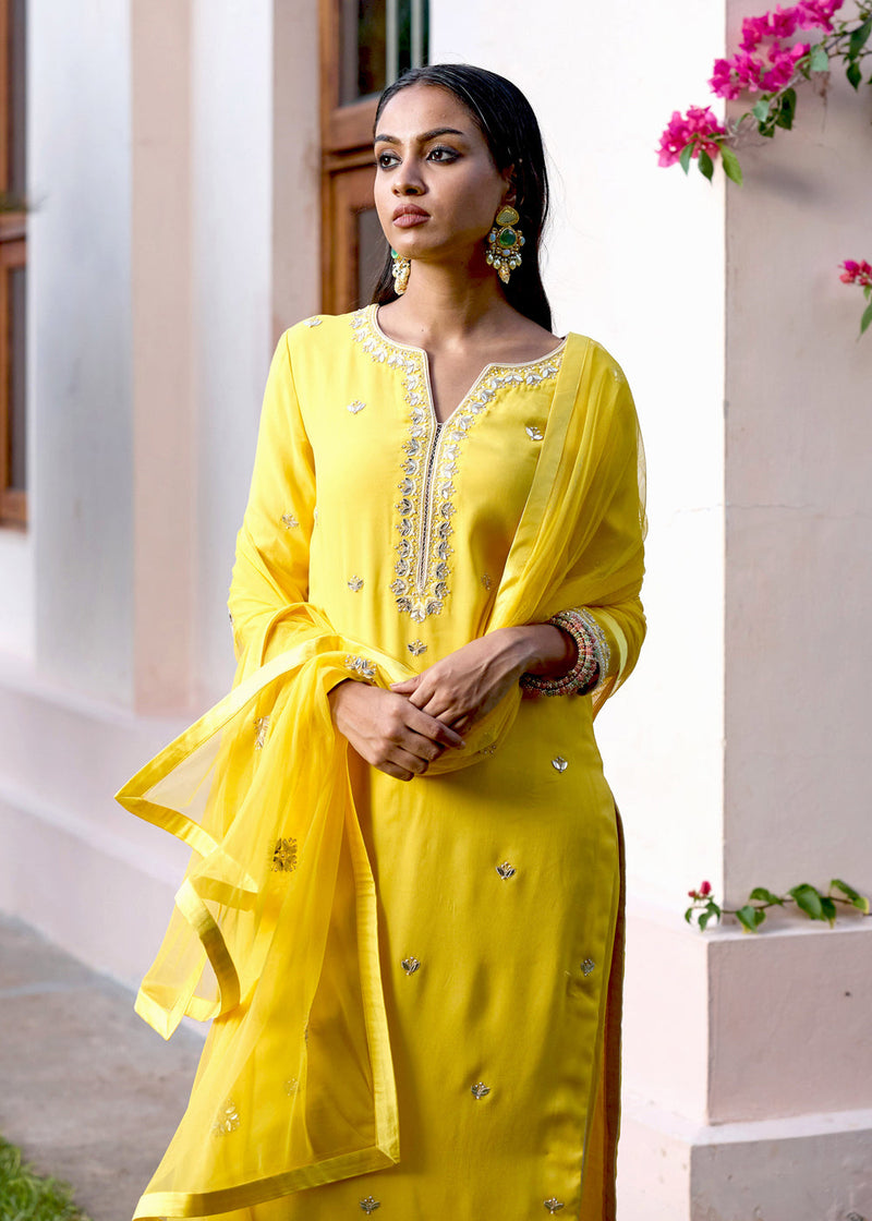 Yellow Georgette Kurta Set With Gota Patti