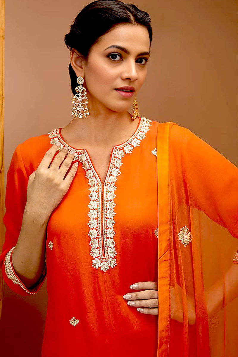 Gota Patti Embroidred Kurta Set In Tangy Red Color.