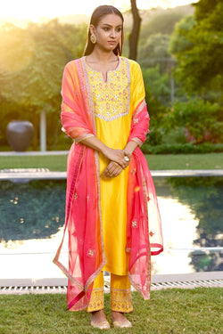 Yellow Pink Hand Embroidered Silk Kurta Set