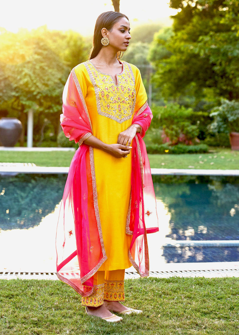 Yellow Pink Hand Embroidered Silk Kurta Set