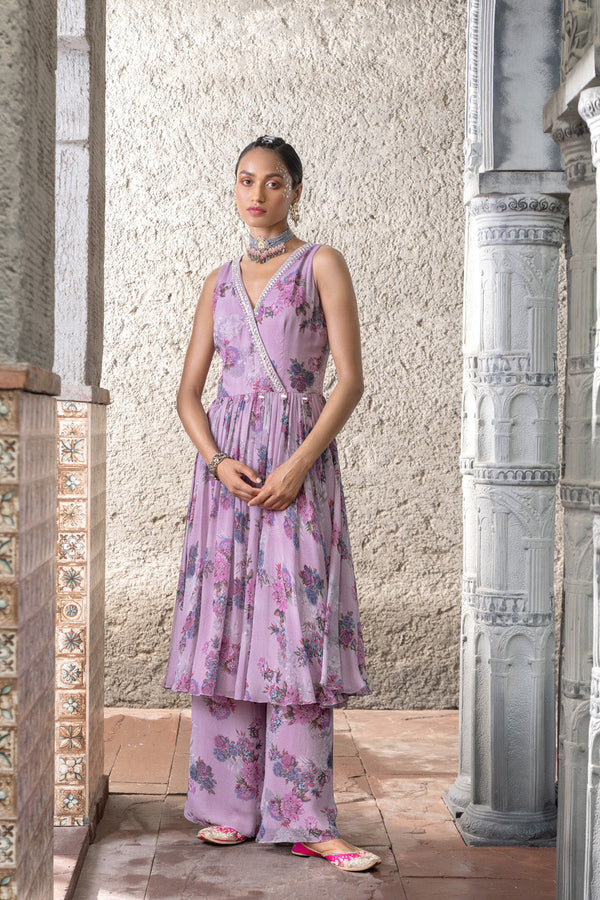 Lavender Printed Anarkali Set