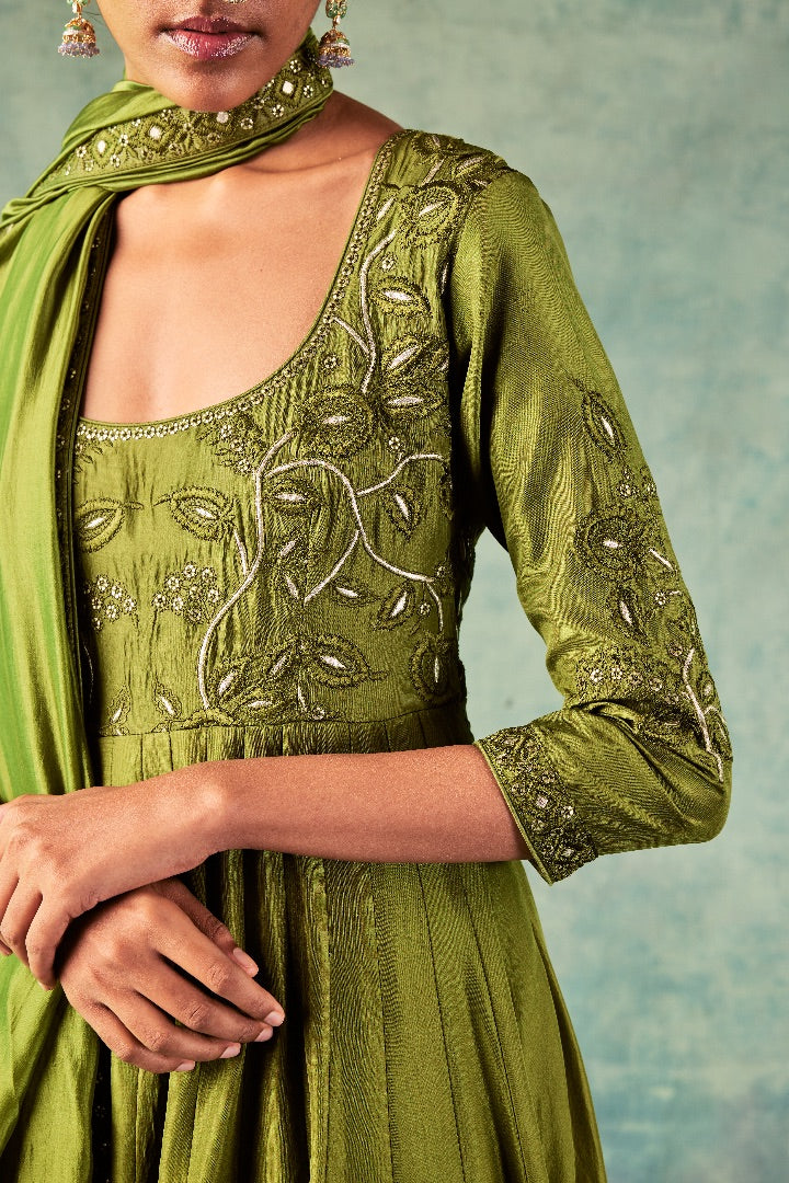 Olive Green Resham & Leather Work Anarkali Set