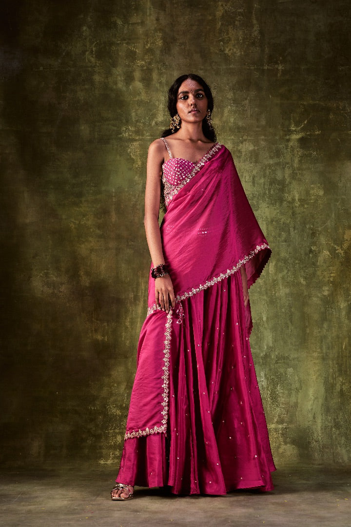 Rani Pink Sharara Paired With Bralette & Dupatta.