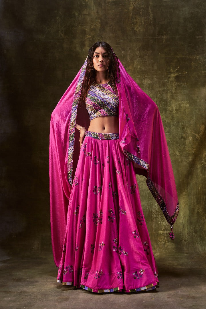 Rani Pink & Mustard Banarasi Silk Lehenga – Ethnos