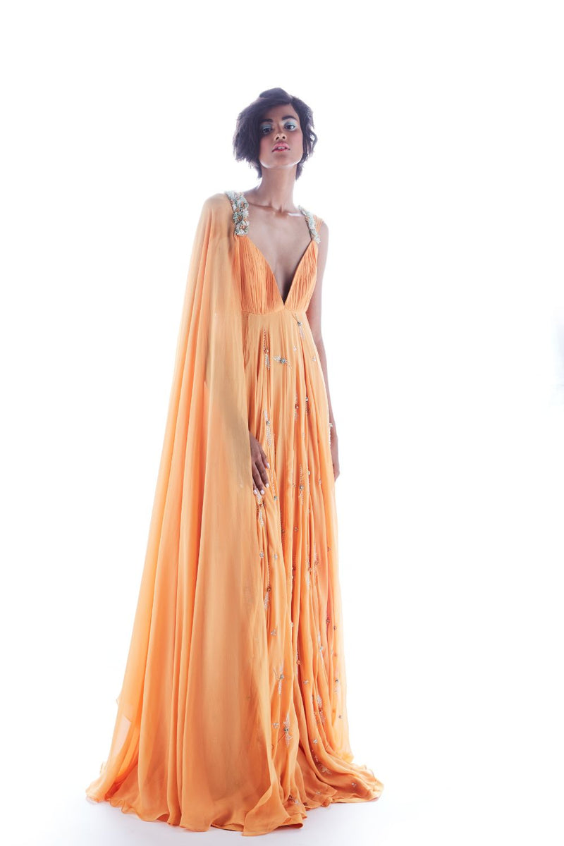 Flared Cape Sleeve Gown