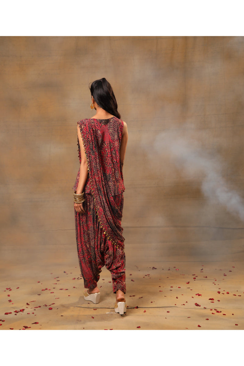 Pink Printed Embroidered Short Top, Dhoti Pants  And Drape Set