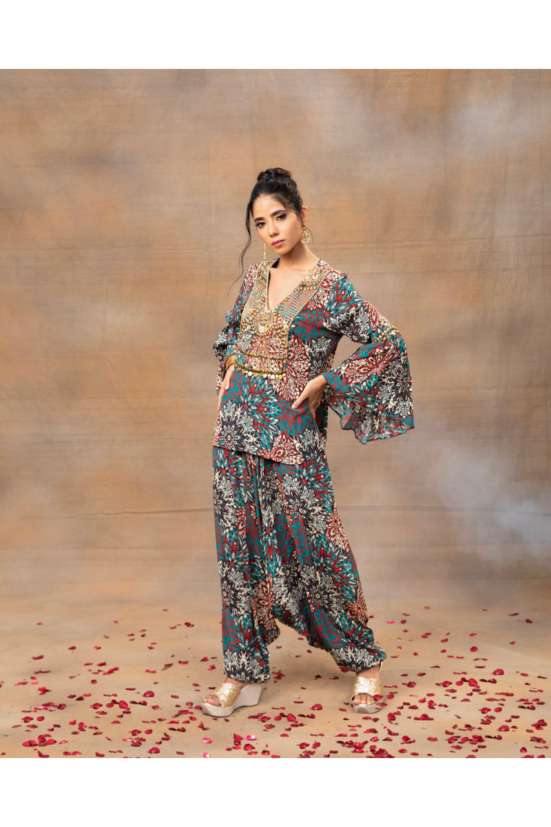 Green Printed Embroidered Short Top With Low Crotch Dhoti Pants Set