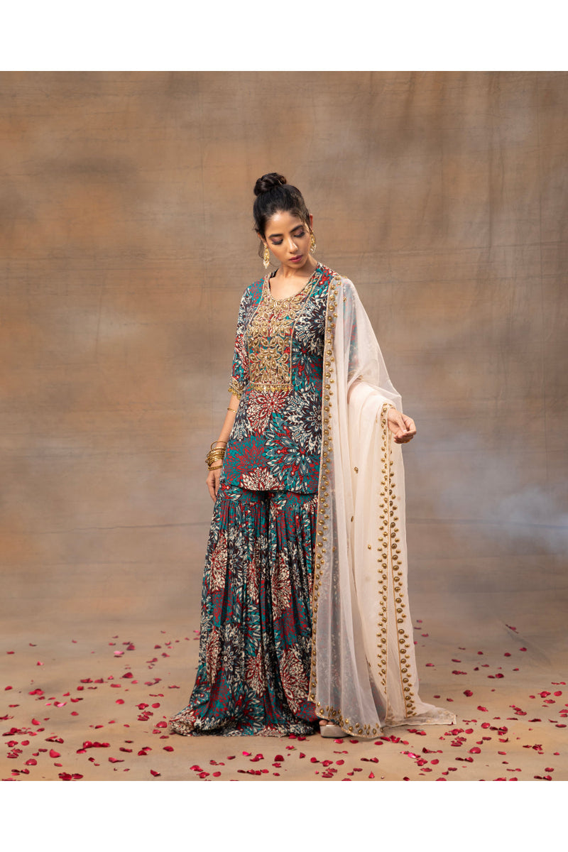 Green Printed Embroidered Short Kurta, Sharara And Dupatta Set