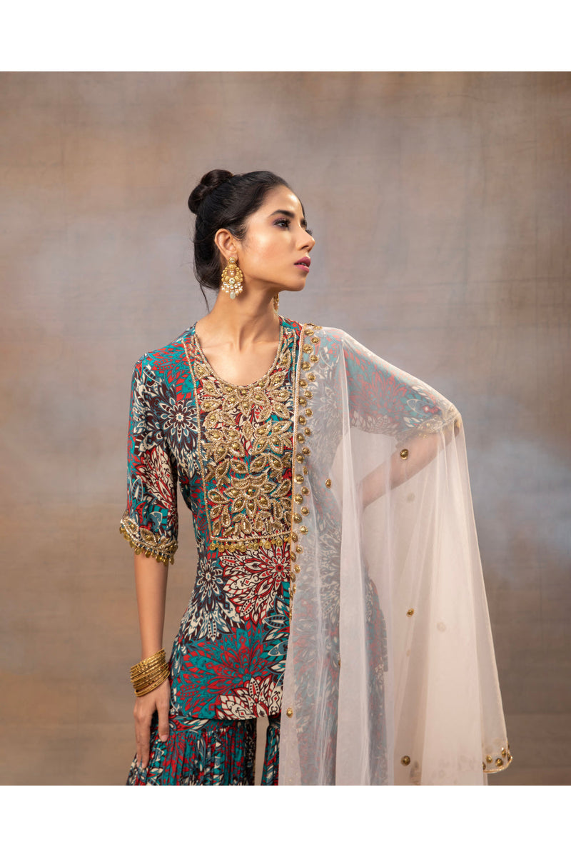 Green Printed Embroidered Short Kurta, Sharara And Dupatta Set