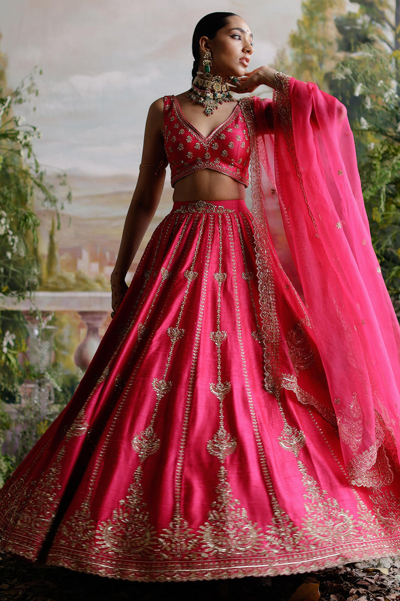 Buy Red Lehenga And Blouse Raw Silk Dupatta Net Dabka Bridal Set For Women  by Bindani by Jigar & Nikita Online at Aza Fashions.