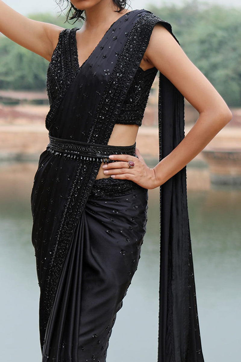 Black Satin Saree Set