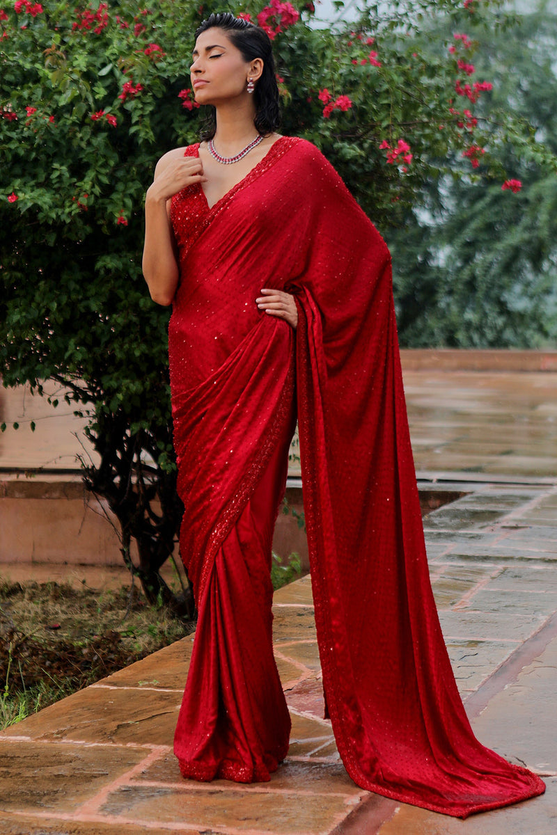 Maroon Satin Saree Set