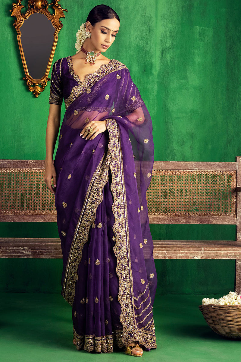 Dark purple satin saree with silver designer blouse and belt in Chennai |  Clasf fashion