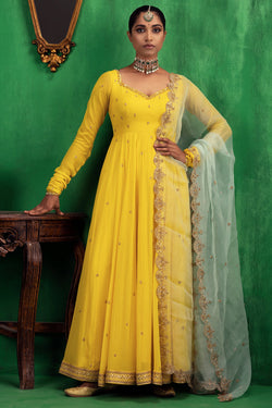 Yellow-Aqua Anarkali Set