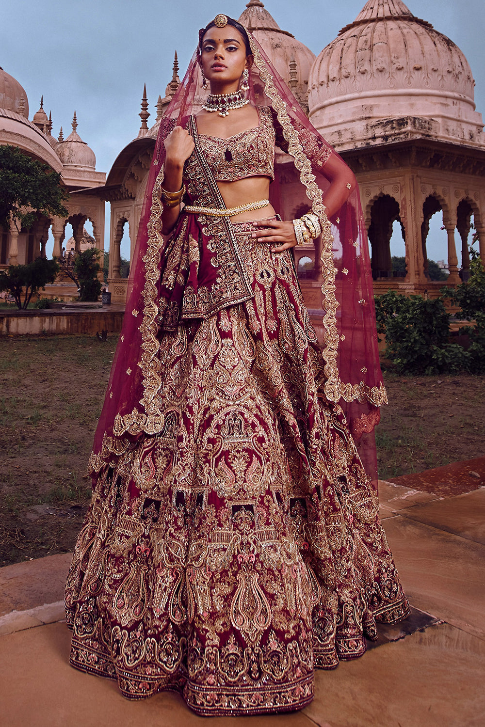 Maroon bridal lehenga choli in velvet with zardoshi work | Shreeman