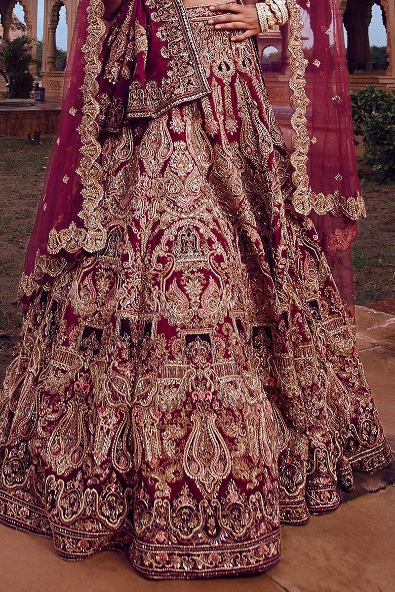 Wine velvet embroidered heavy designer Indian wedding lehenga choli 4709