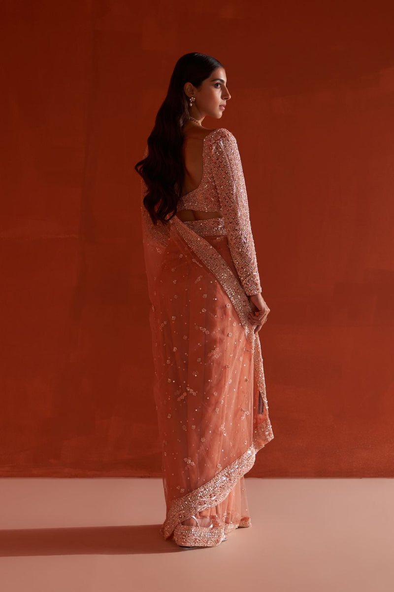 Pastel Orange Net Saree