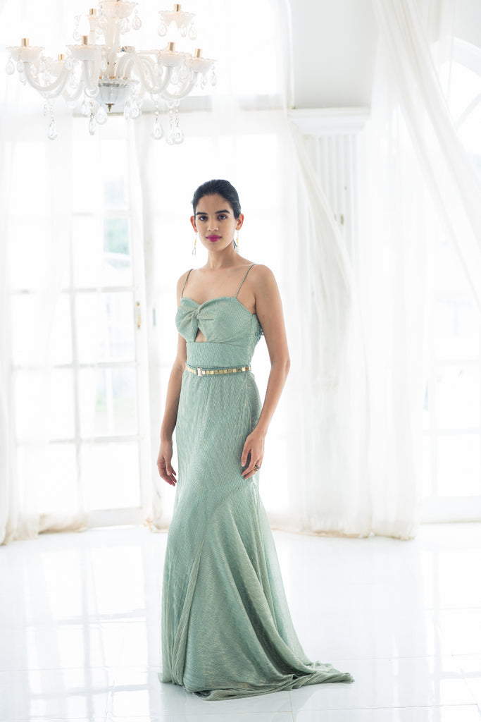 Aqua blue belted strappy gown Estie Couture