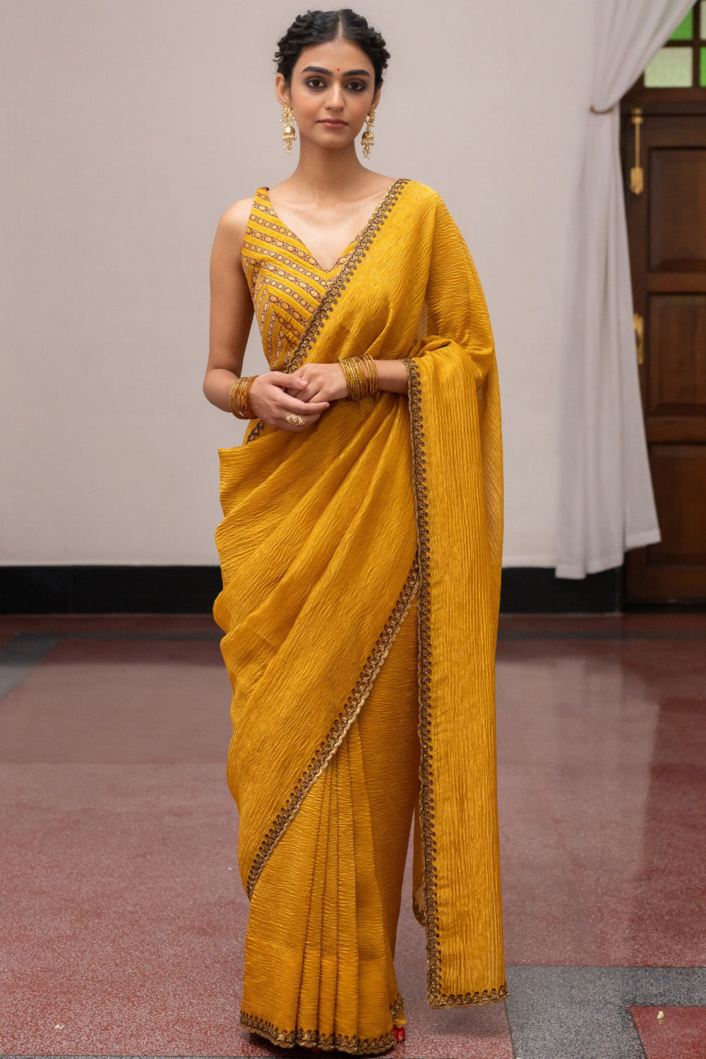 Buy MIMOSA Yellow & Purple Art Silk Embellished Kanjeevaram Saree - Sarees  for Women 2132761 | Myntra