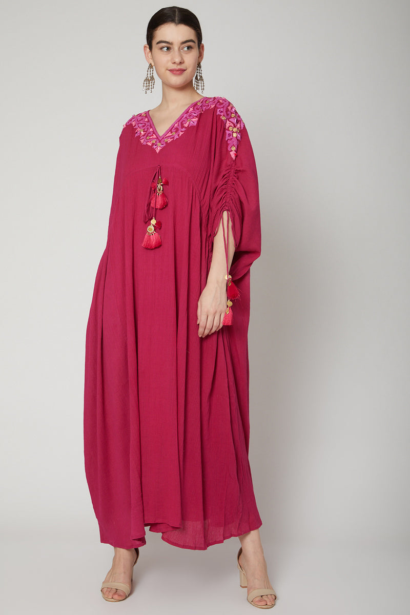 Maroon Embroidered Kaftan Dress