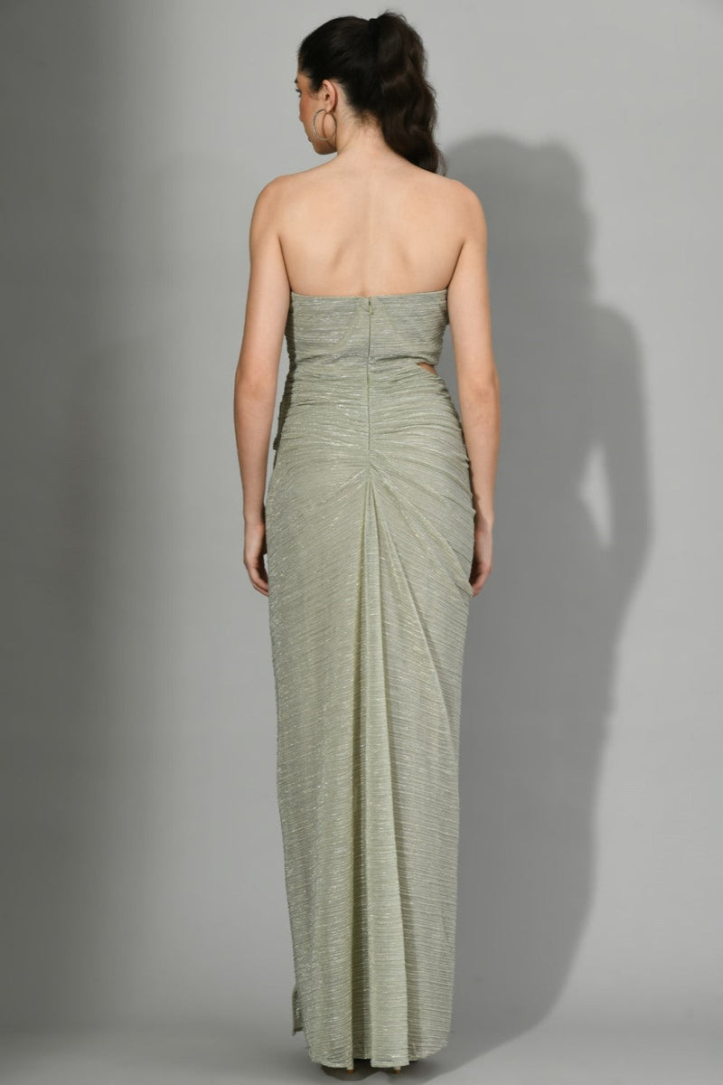 The Bling Ring - Cowl Draped Gown With Slit In Shimmering Pastel Grey Color