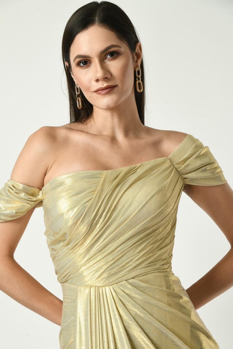 Golden Glitz N Glam - Off Shoulder Draped Gown In Golden Mettalic Color