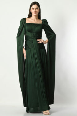 Unspoken Beauty - Rusching Gown In Bottle Green Color With Bag Sleeves