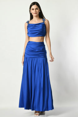 Royal Blue Drape Skirt With Embroidered Top