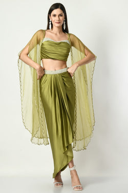 Draped Dhoti Skirt With Embroidered Belt And Cowl Blouse