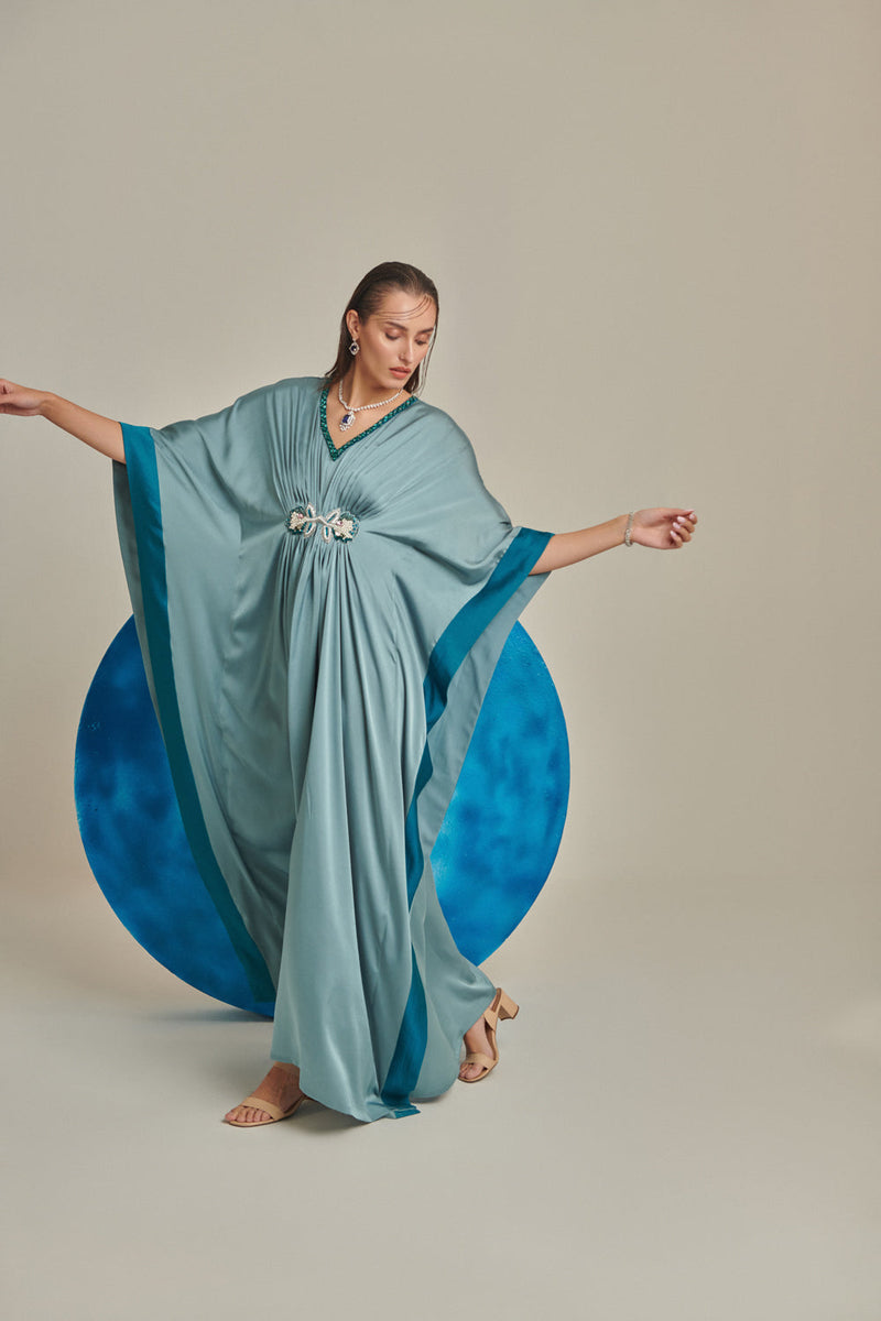 Sea Green Kaftan; Hand Embellished; Draped; Colour Blocking